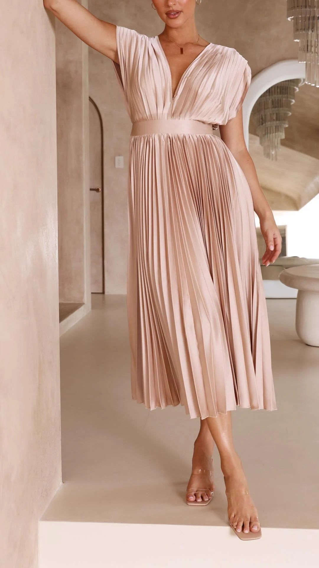 Elegant Pleated Maxi Dress V-Neck Flowing styled with minimal jewelry and heels