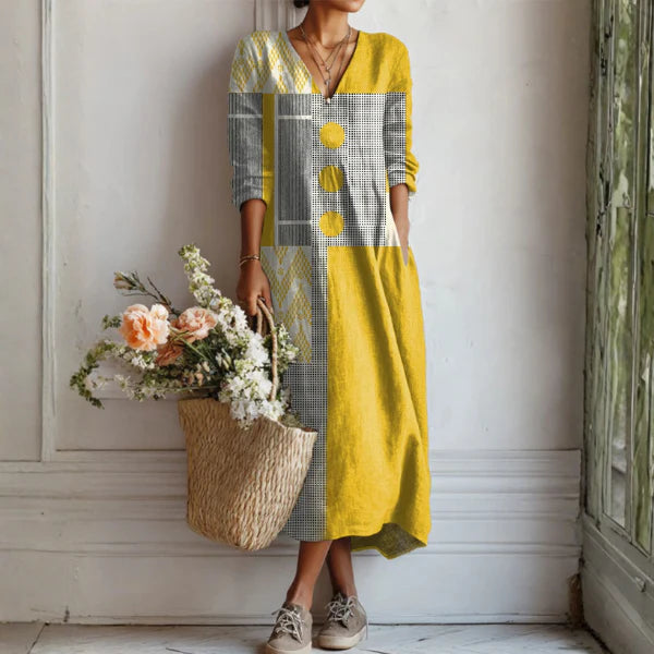 Linen midi dress with vibrant yellow and gray abstract geometric print, V-neckline, and three-quarter sleeves for women