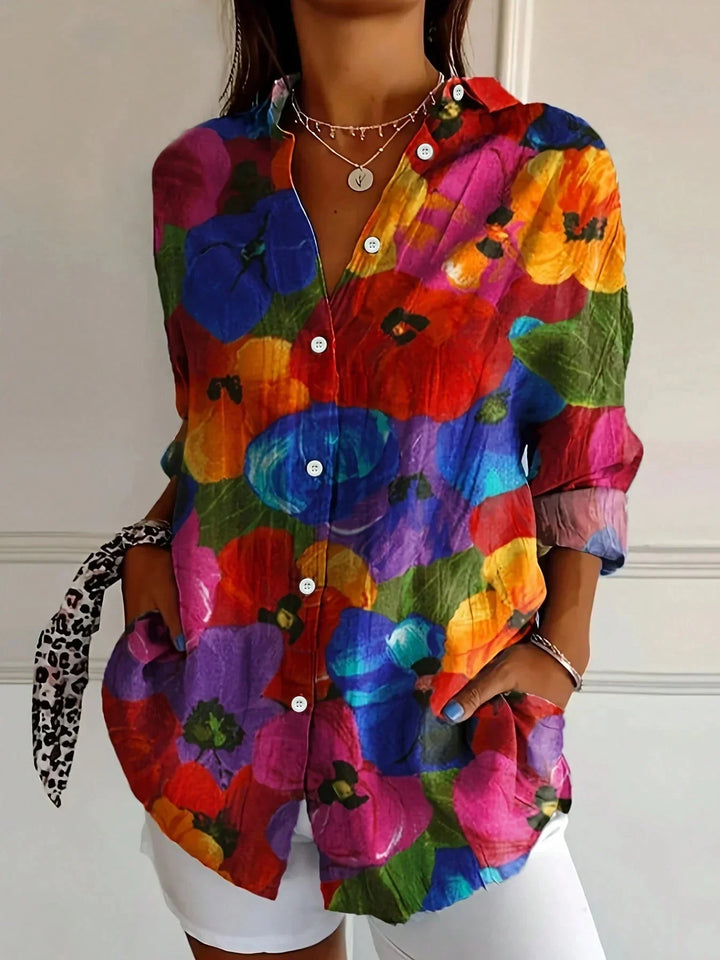 Back view of button front blouse showing relaxed fit and curved hem detail