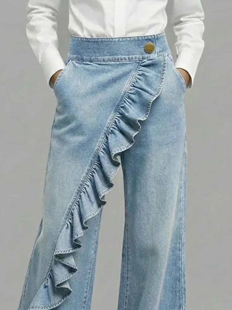 Back view of high rise wide leg jeans with functional pockets and button fly closure