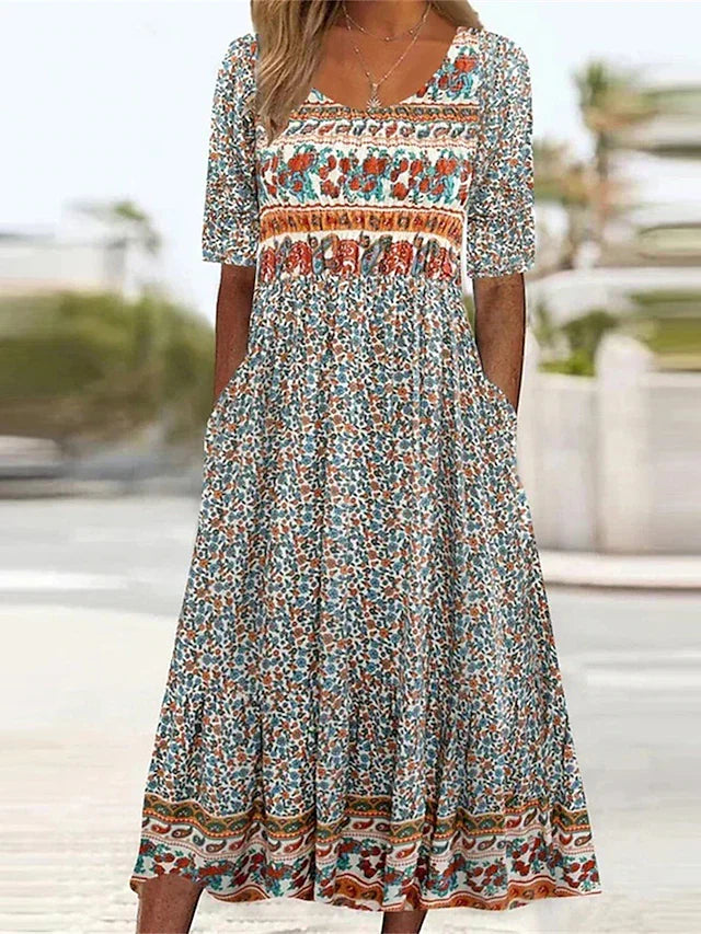 Boho print midi dress with square neckline and tiered skirt in multicolor floral border print