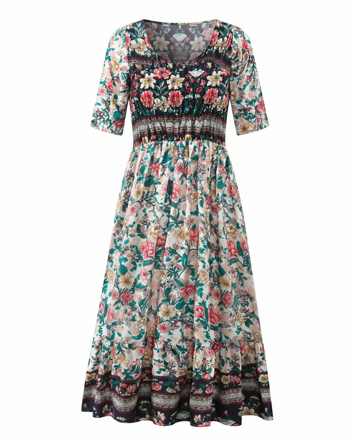 Bohemian midi dress with square neck and multicolor border print styling