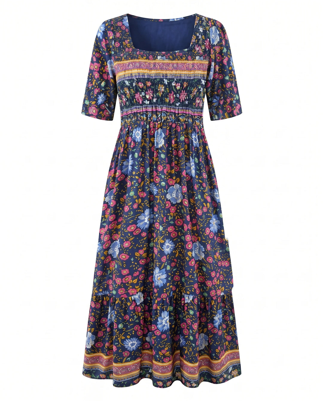 Relaxed boho dress in mid-calf length with contrasting print details