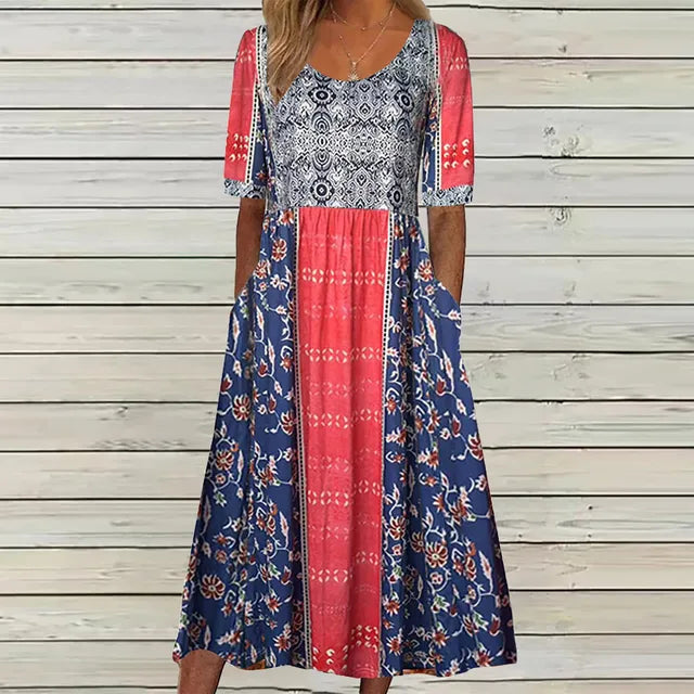 Square neckline and shirred bodice detail on relaxed fit boho midi dress
