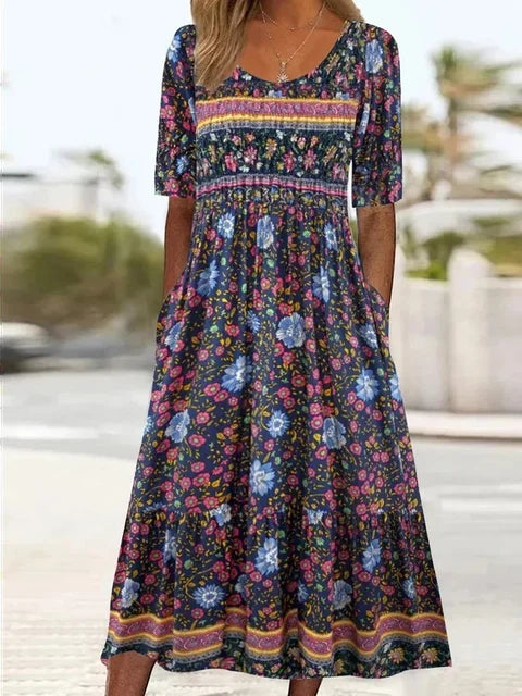 Boho print midi dress styled with casual footwear for summer wear
