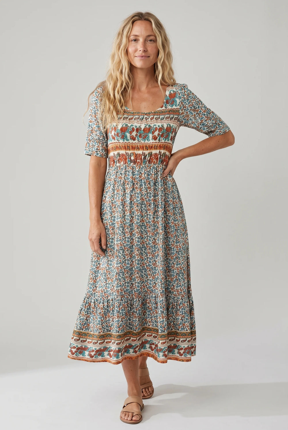 Relaxed fit boho midi dress with elbow-length sleeves and shirred bodice detail