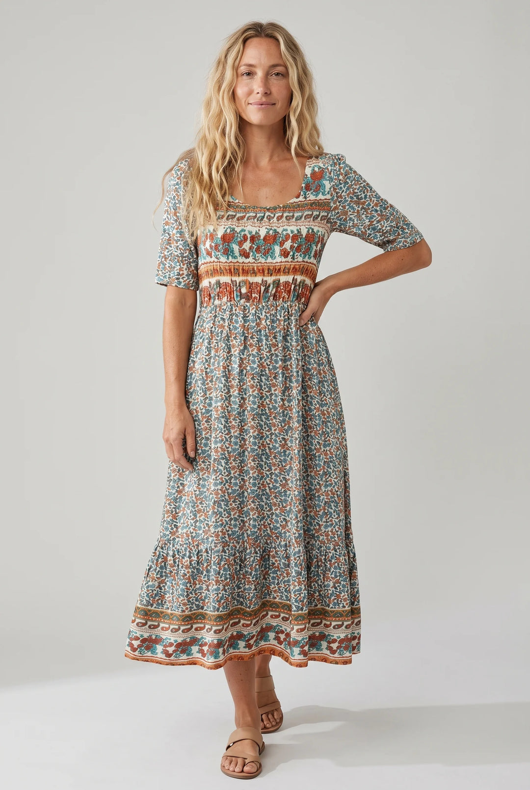 Relaxed fit boho midi dress with elbow-length sleeves and shirred bodice detail