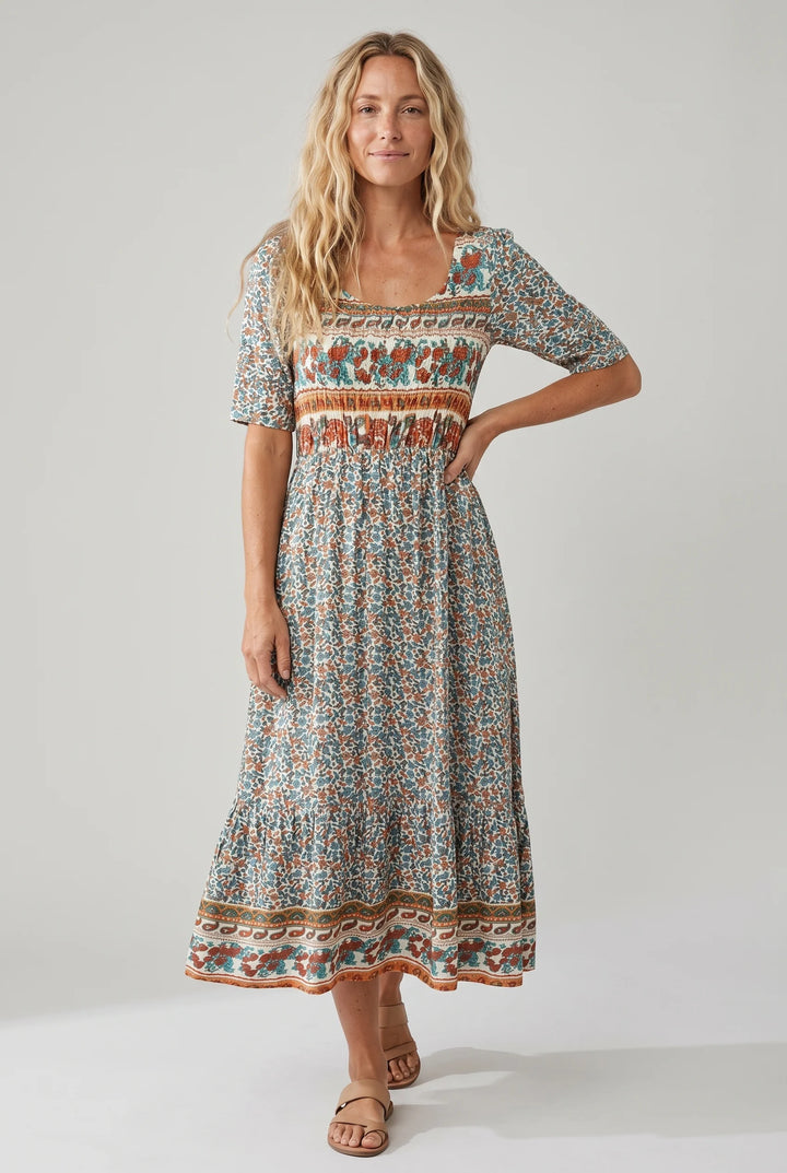 Relaxed fit boho midi dress with elbow-length sleeves and shirred bodice detail