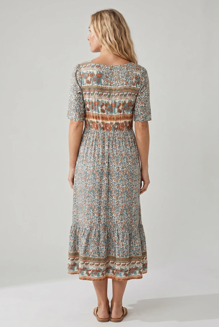 Square neck midi dress in flowing silhouette with bohemian print design