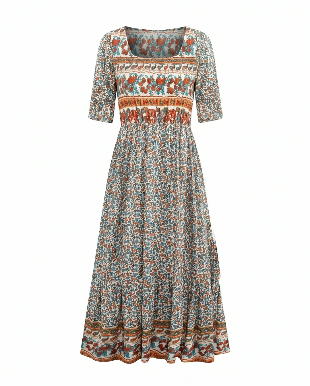 Boho print midi dress front view showing square neckline and relaxed fit