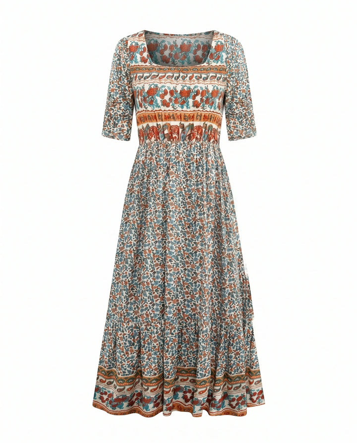 Boho print midi dress front view showing square neckline and relaxed fit