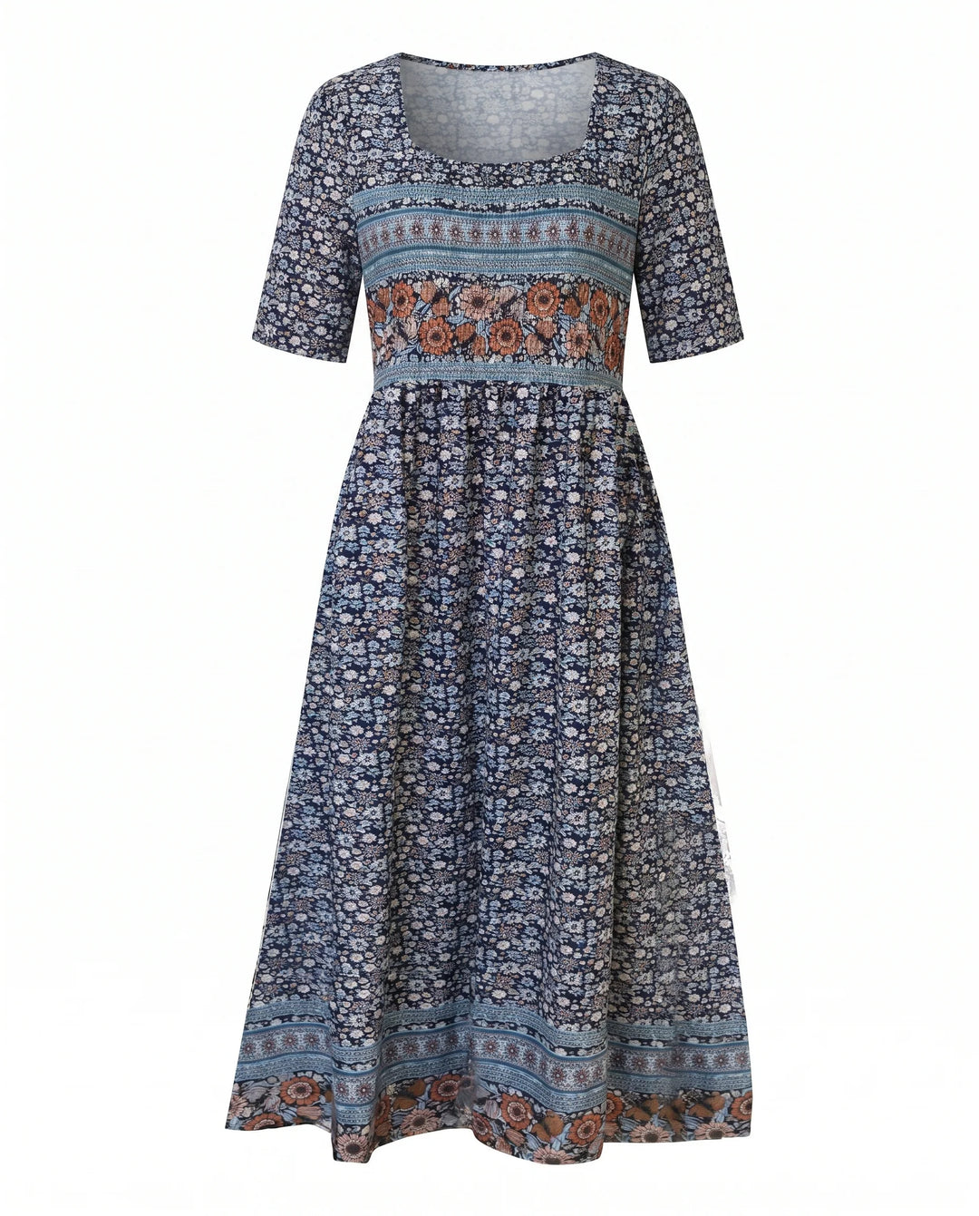 Flowing tiered skirt detail on boho print midi dress with border print hem