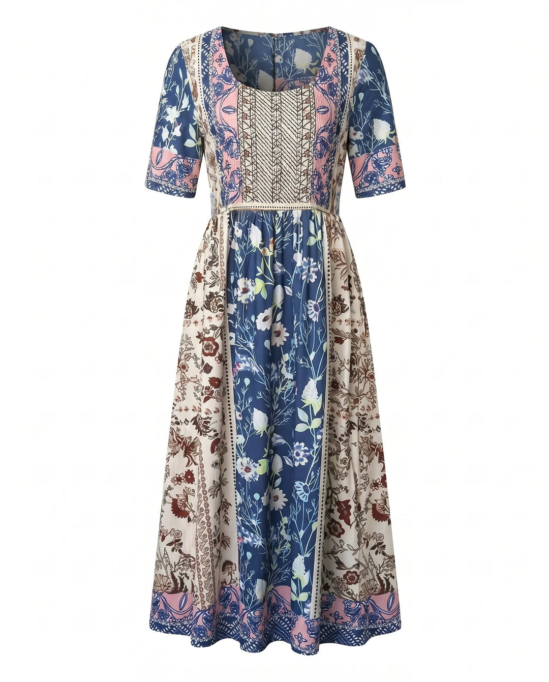 Elbow-length sleeve detail on relaxed fit boho midi dress with shirred bodice