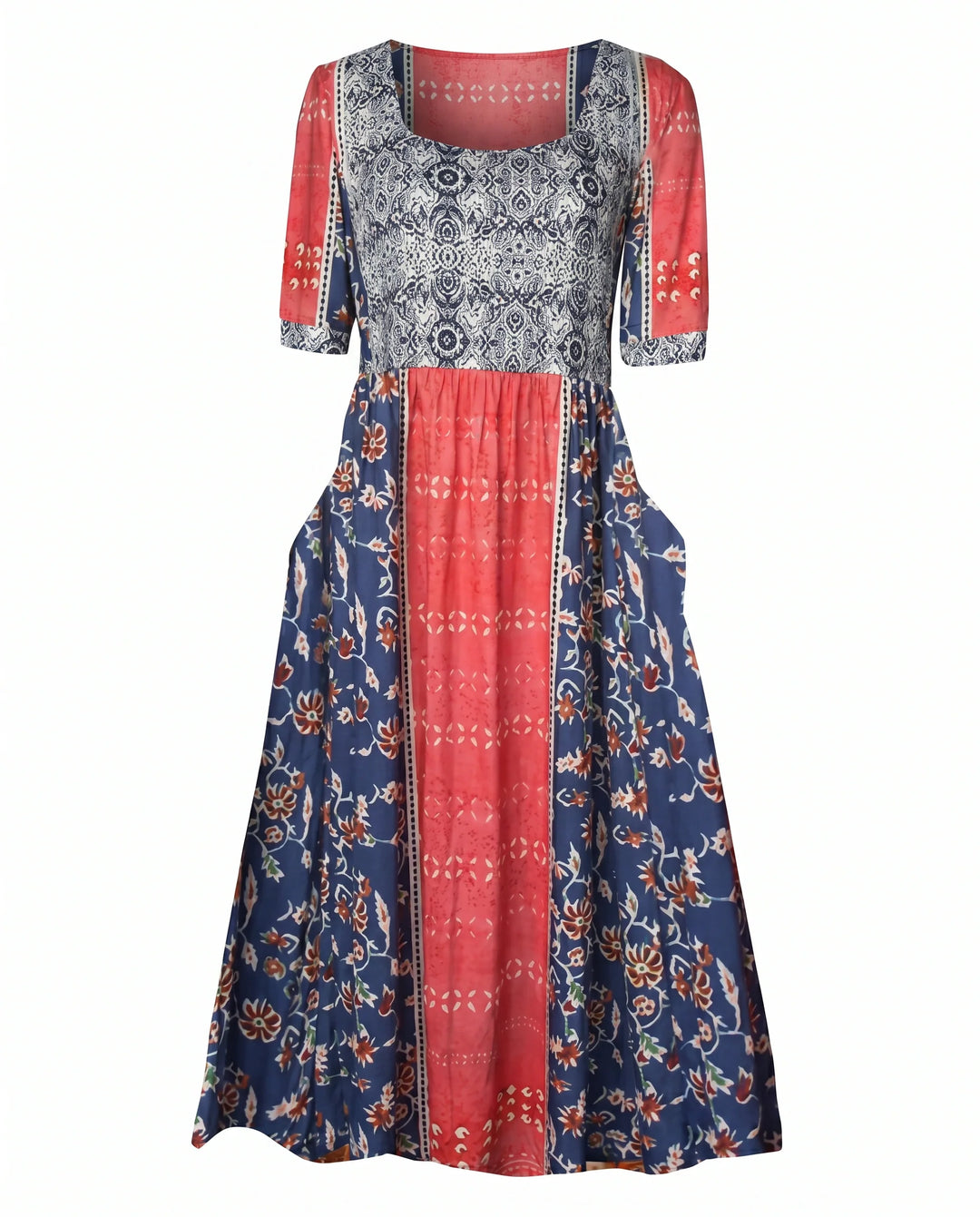 Side view of boho print midi dress showing flowing tiered skirt silhouette