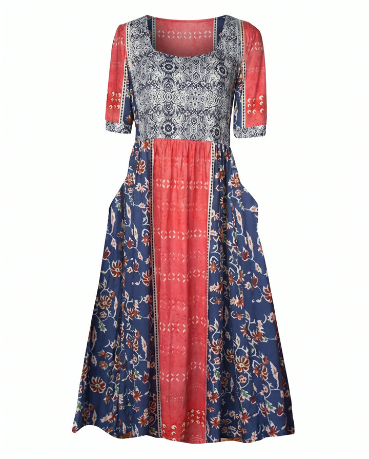 Side view of boho print midi dress showing flowing tiered skirt silhouette