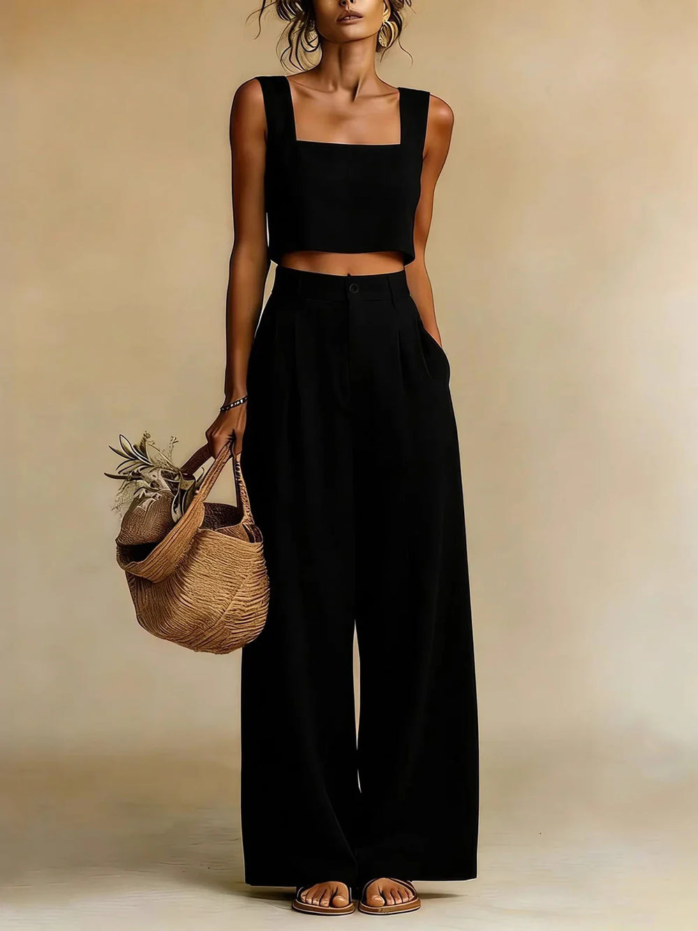Close-up view of Summer Pants Set showing cropped top with thick straps and high waist palazzo pants with pleated front