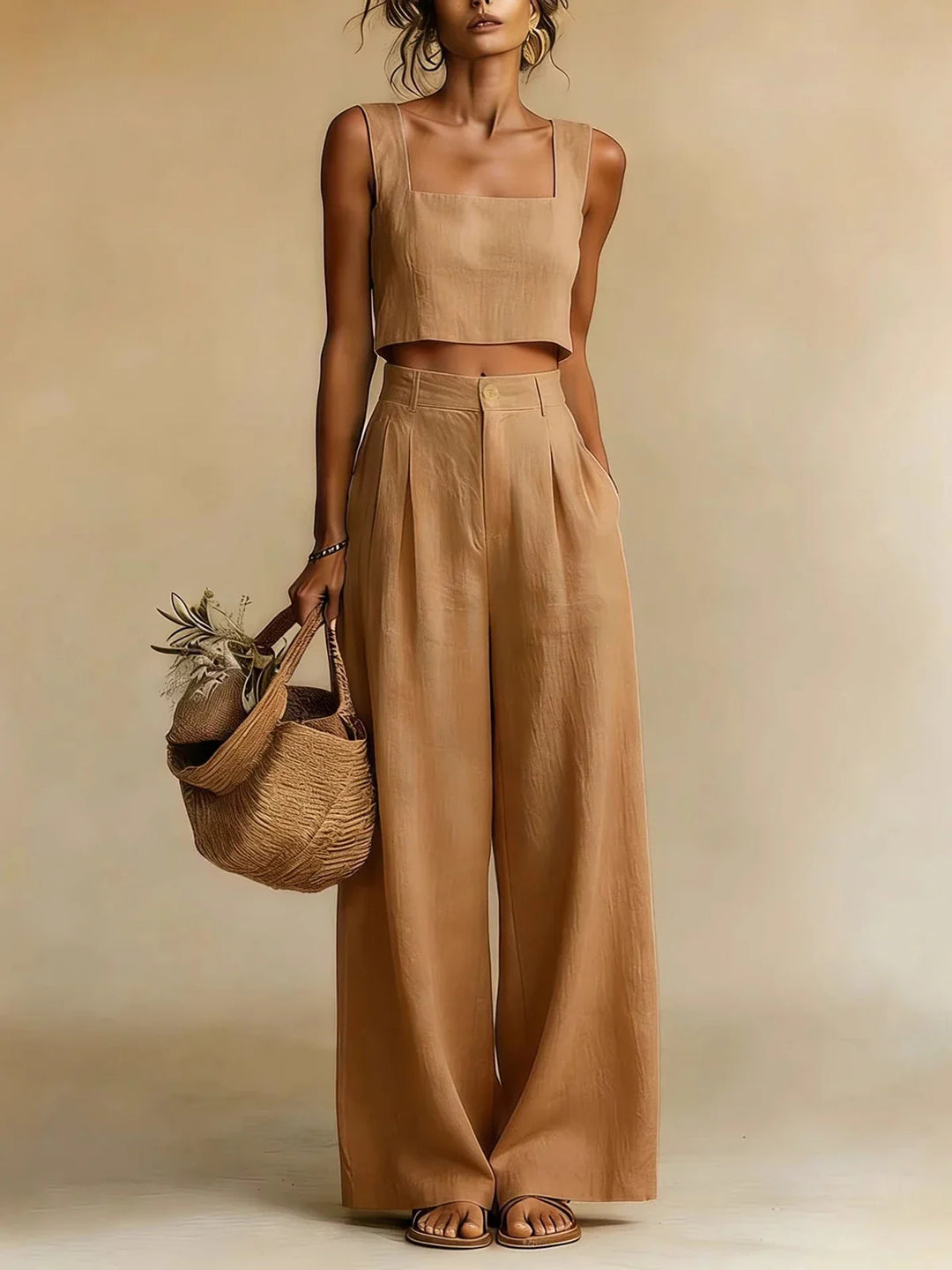 Full length view of Summer Pants Set featuring sleeveless crop top and high waist wide leg palazzo pants