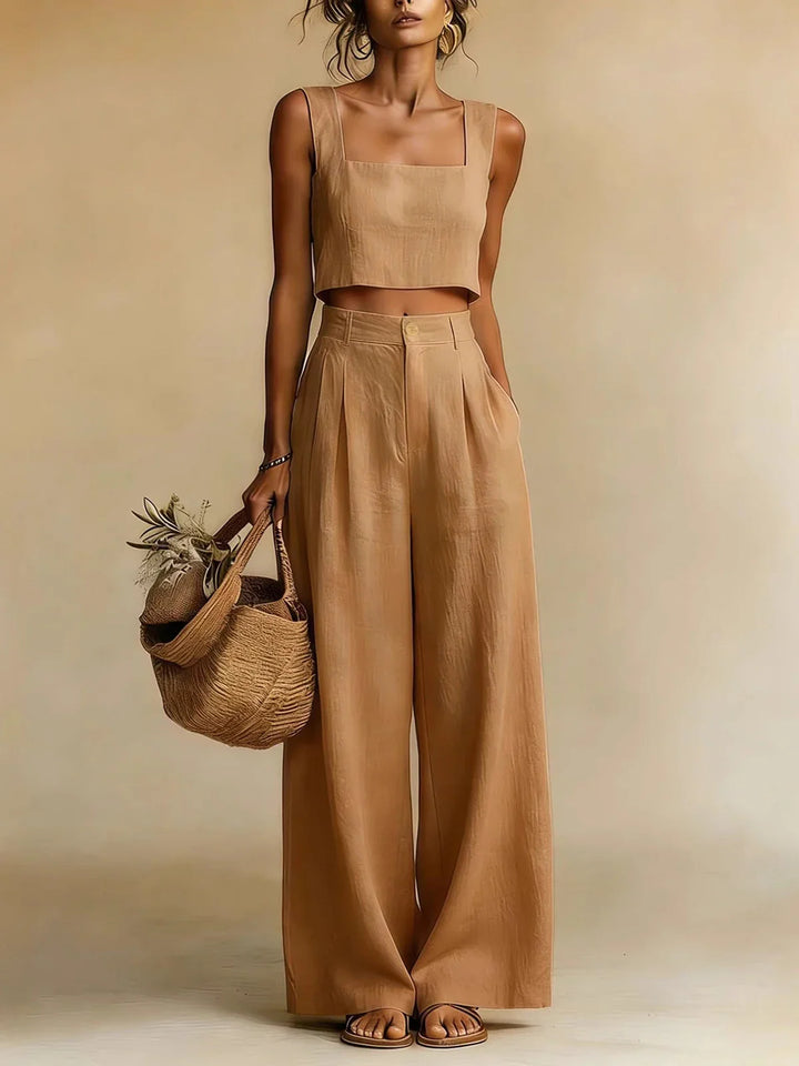 Full length view of Summer Pants Set featuring sleeveless crop top and high waist wide leg palazzo pants