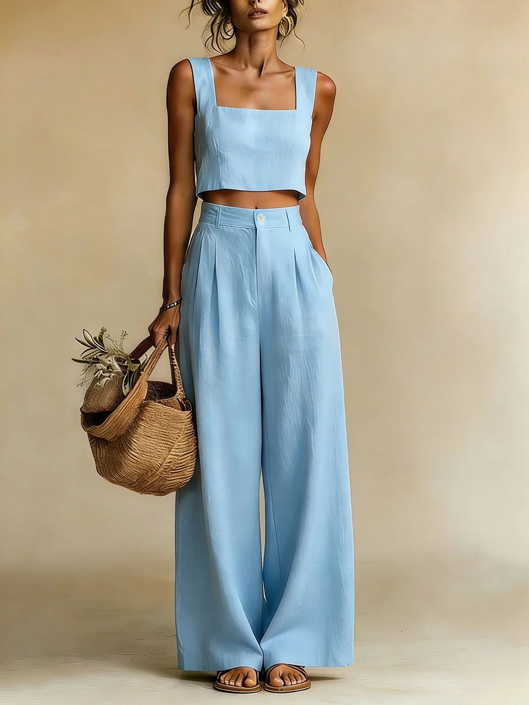 Detail shot of Summer Pants Set showing button-tab waist closure and smooth fabric drape on palazzo pants
