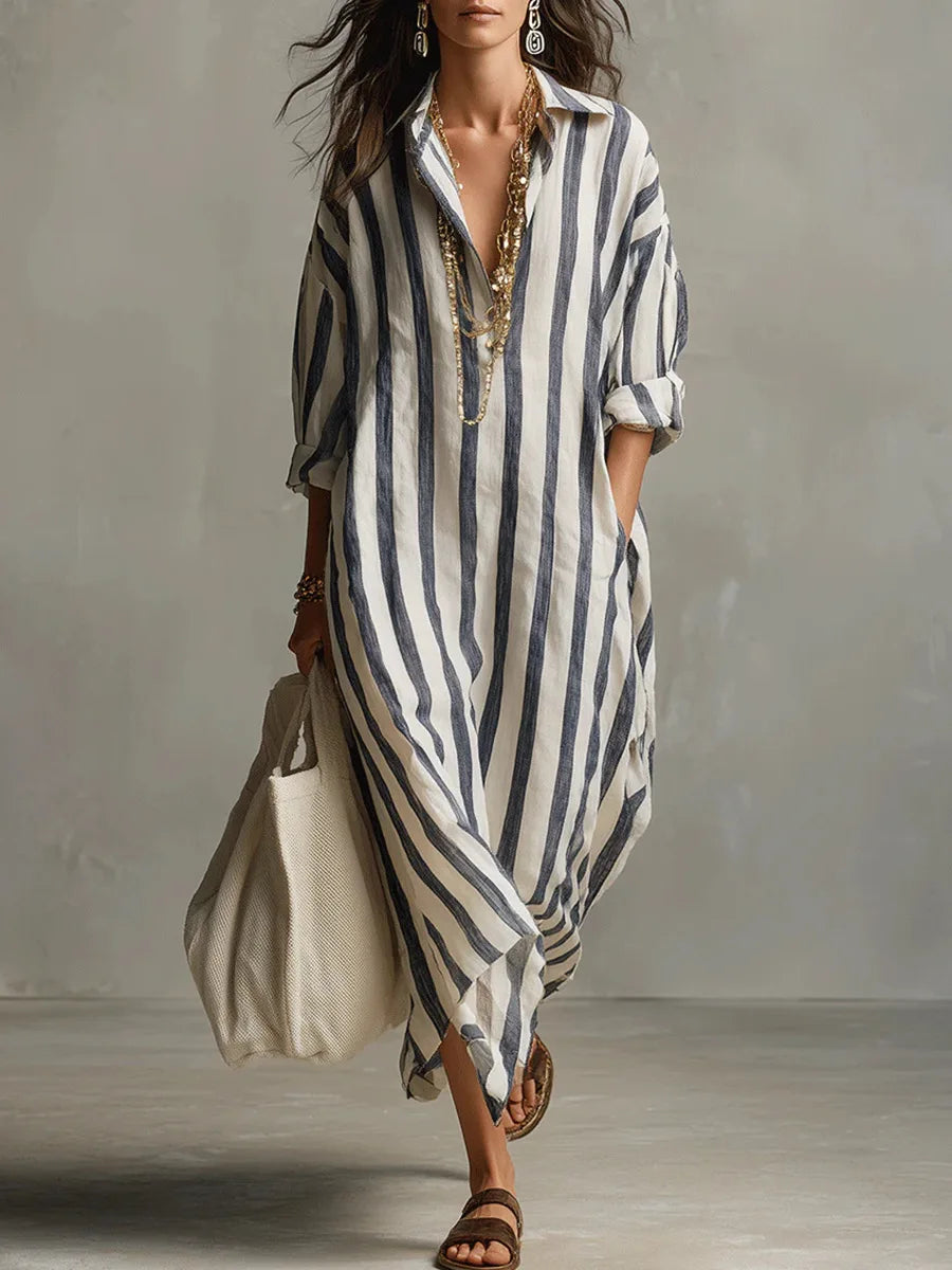 Bella kaftan linen long shirt dress with vertical navy and white stripes and collared neckline