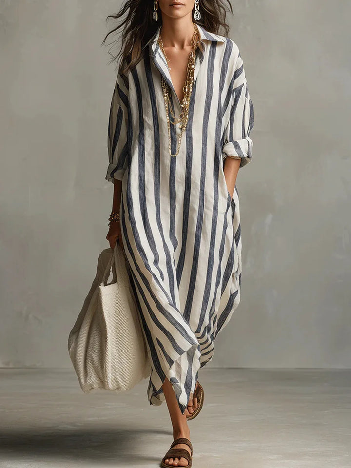 Bella kaftan linen long shirt dress with vertical navy and white stripes and collared neckline