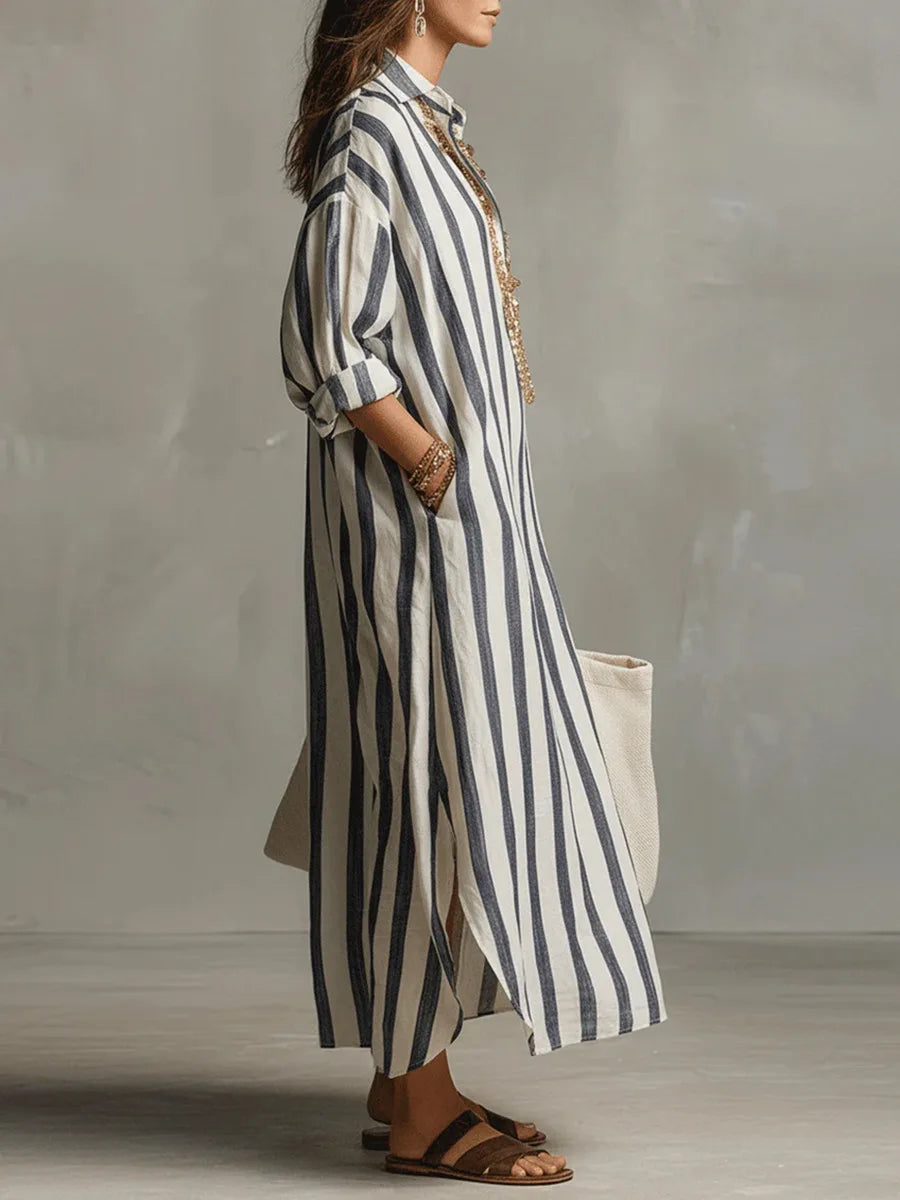 Side view of striped kaftan linen long shirt dress showing relaxed fit and ankle-length hem