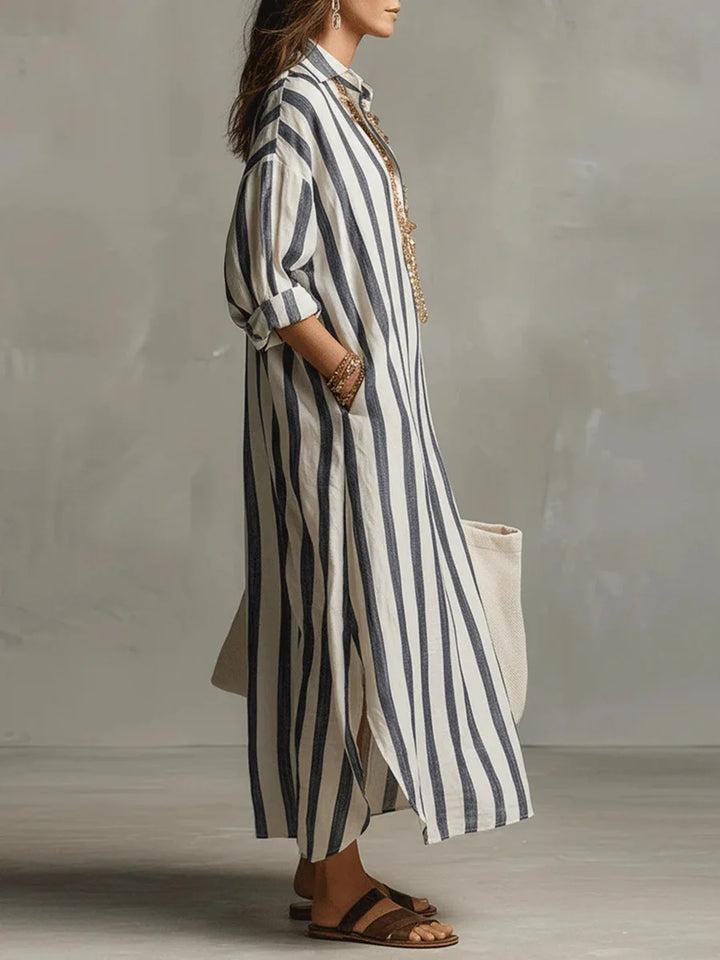 Side view of striped kaftan linen long shirt dress showing relaxed fit and ankle-length hem