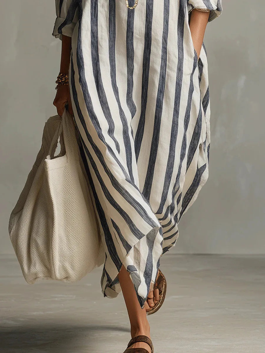 Roll-tab sleeve detail on kaftan linen long shirt dress with vertical stripe pattern
