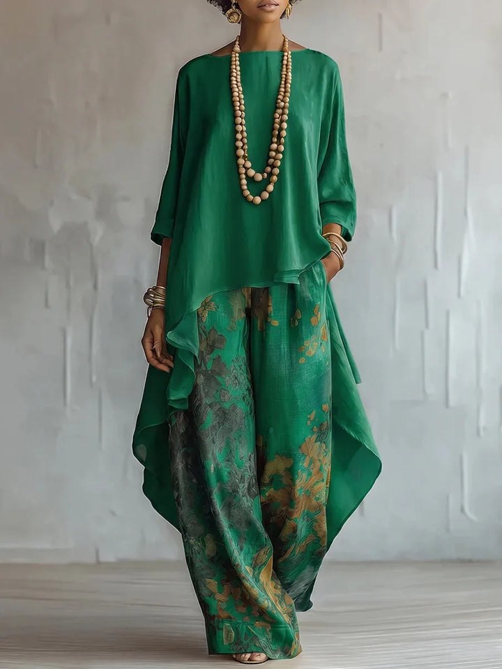 Full-length view of the Printed Loose Two-Piece Set styled with beaded necklace and bracelets