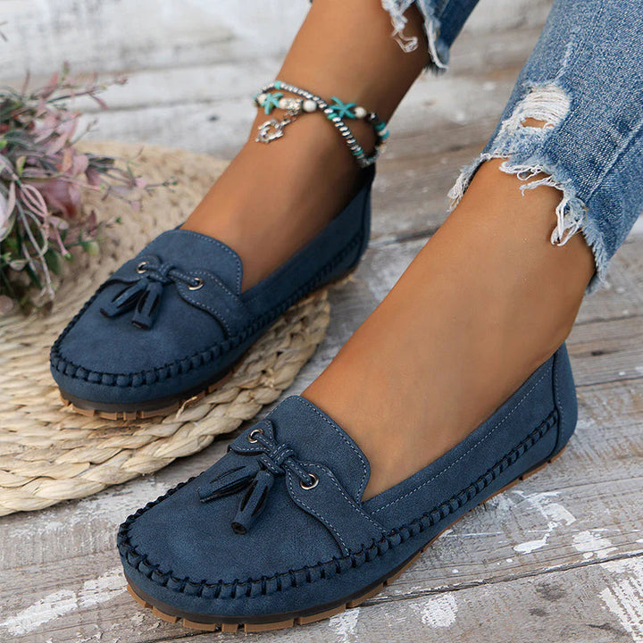 Women's Orthopedic Vintage Loafers Slip-on in navy blue with decorative bow and moccasin stitching detail