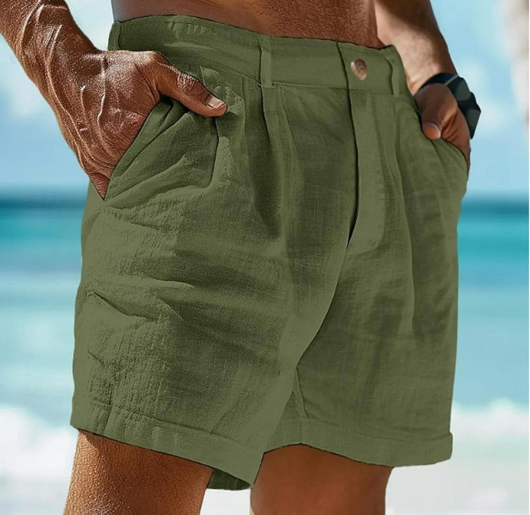 Detail shot of men's chino shorts showing above-knee inseam and comfortable drape