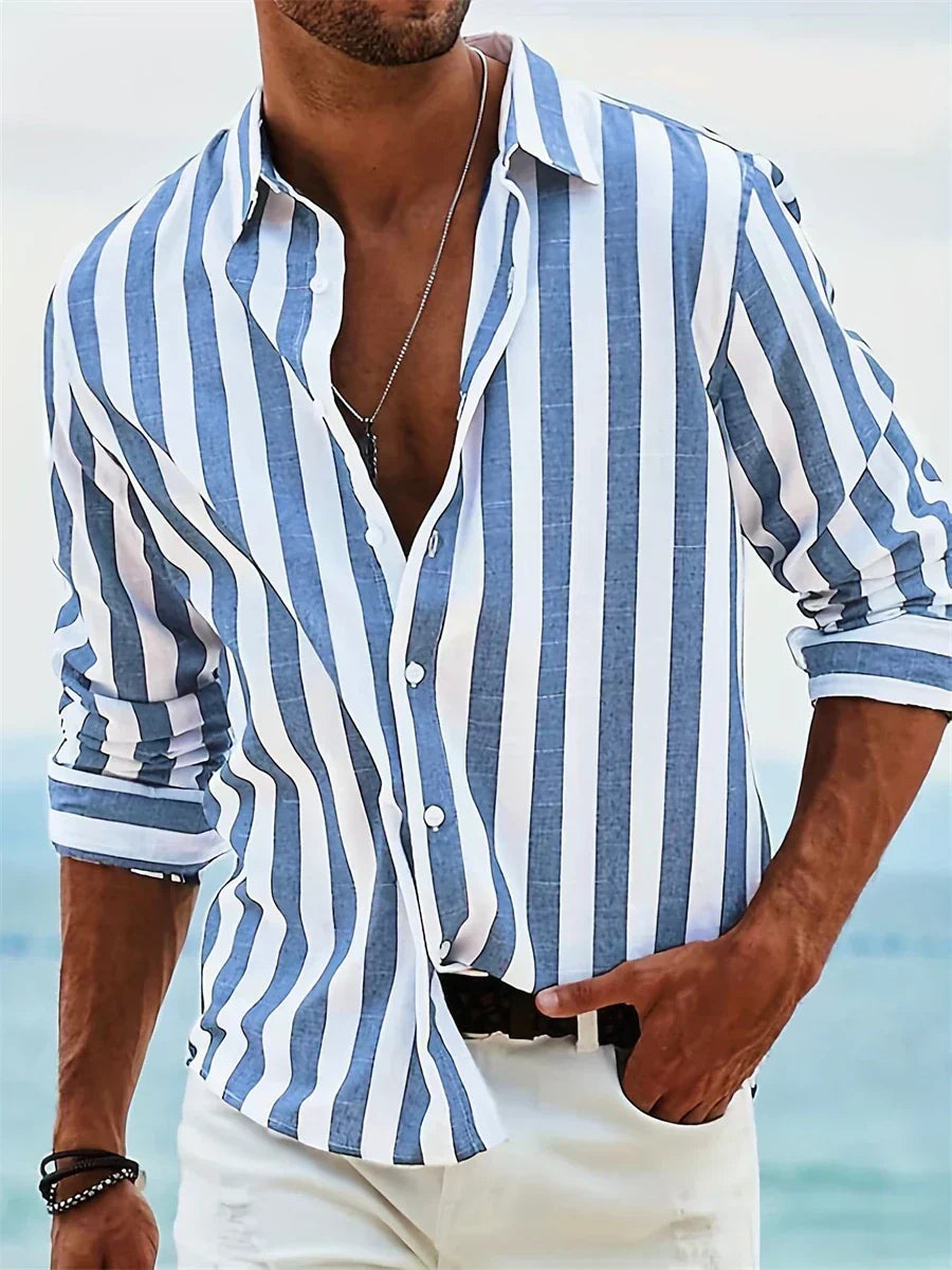 Men's striped long sleeve shirt with vertical blue and white stripes and button front closure