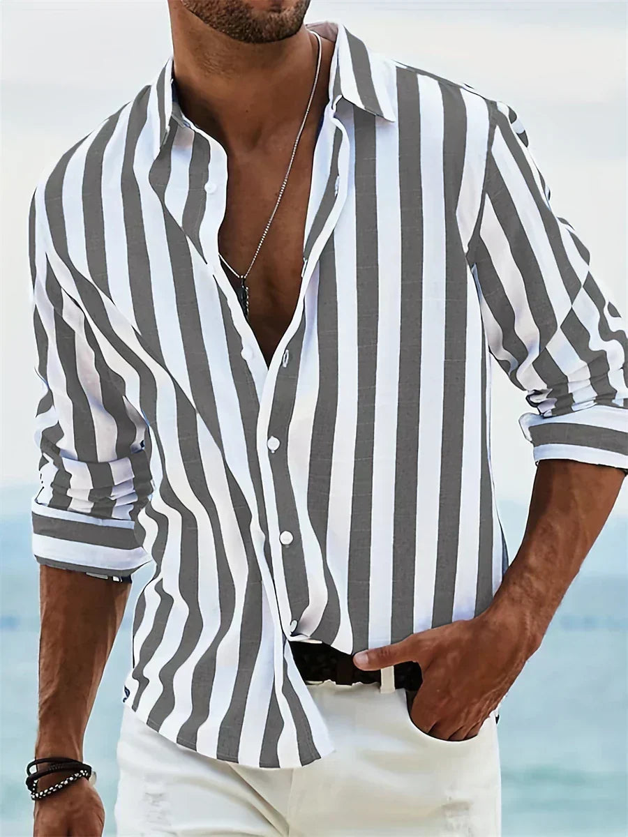 Close-up of men's striped shirt showing classic collar and button-front detail with long sleeves