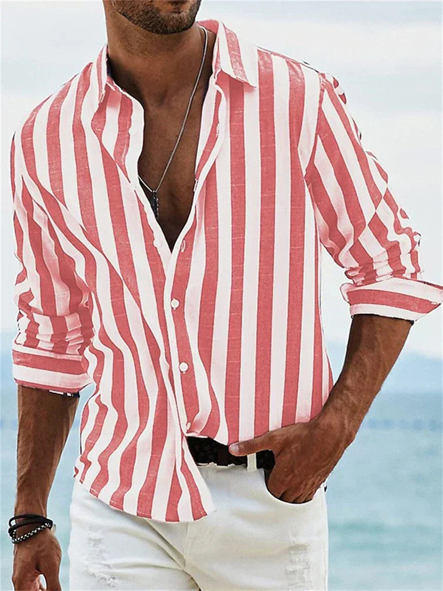Side view of men's striped long sleeve shirt displaying relaxed fit and vertical stripe pattern