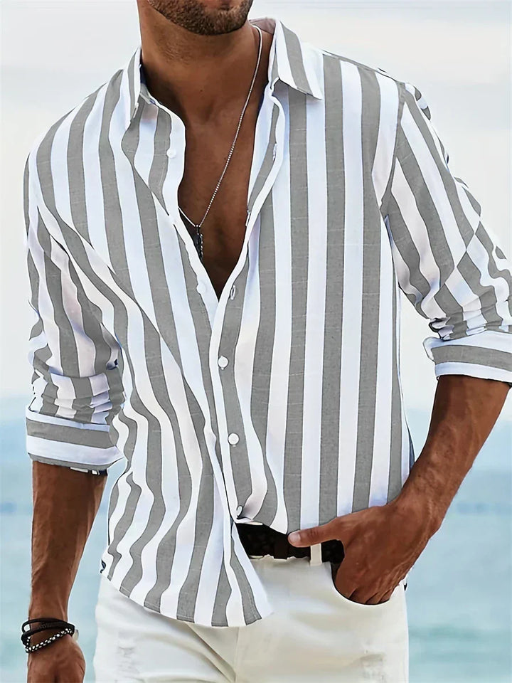 Full view of men's striped long sleeve shirt showing vertical stripe design and classic collar