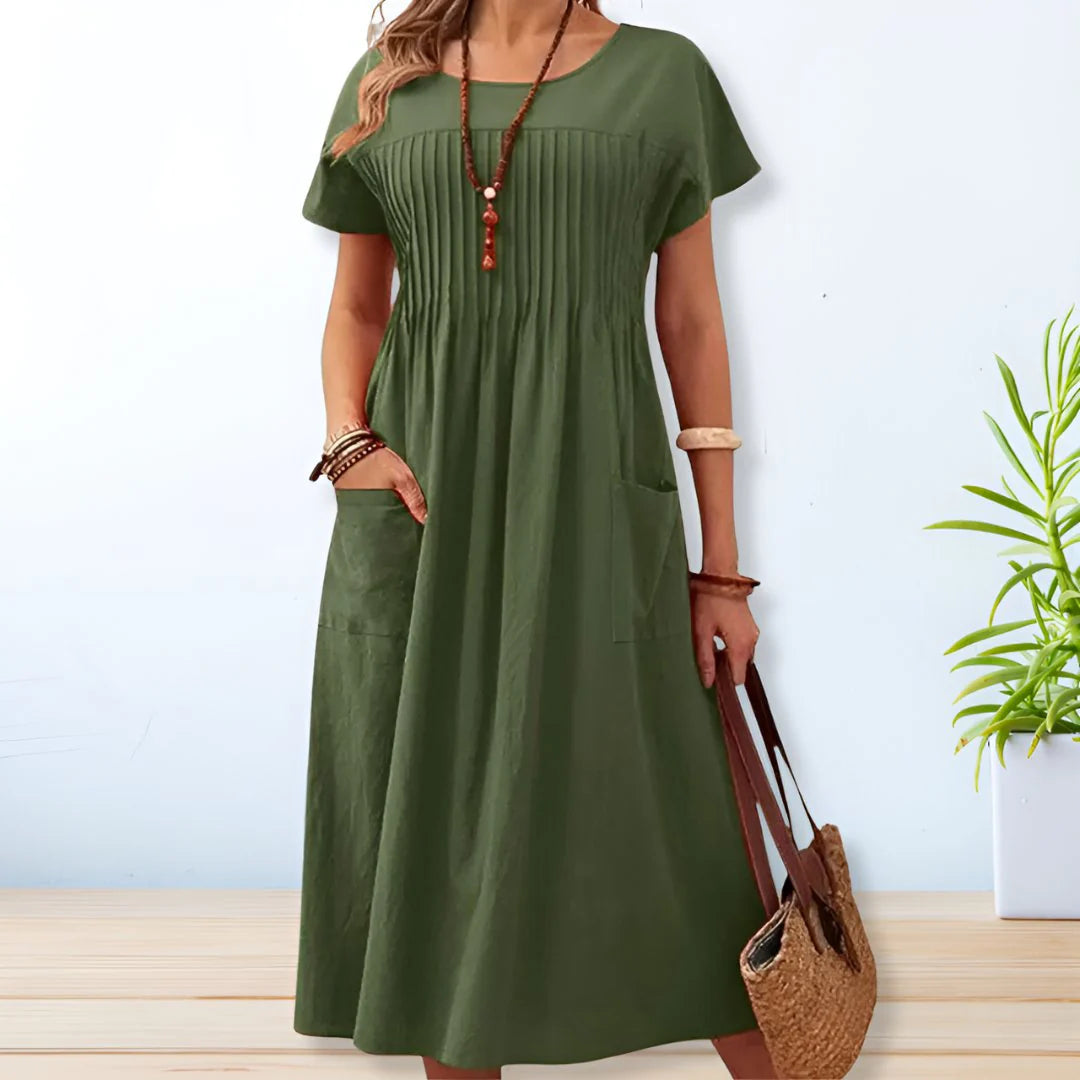 Brooklyn cotton summer dress in olive green with pintuck pleating and relaxed fit for casual wear