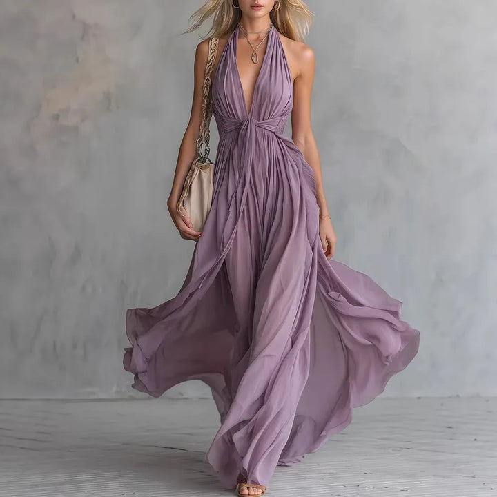 Brooklyn flowy evening dress in lavender purple with plunging halter neckline and floor length flowing skirt