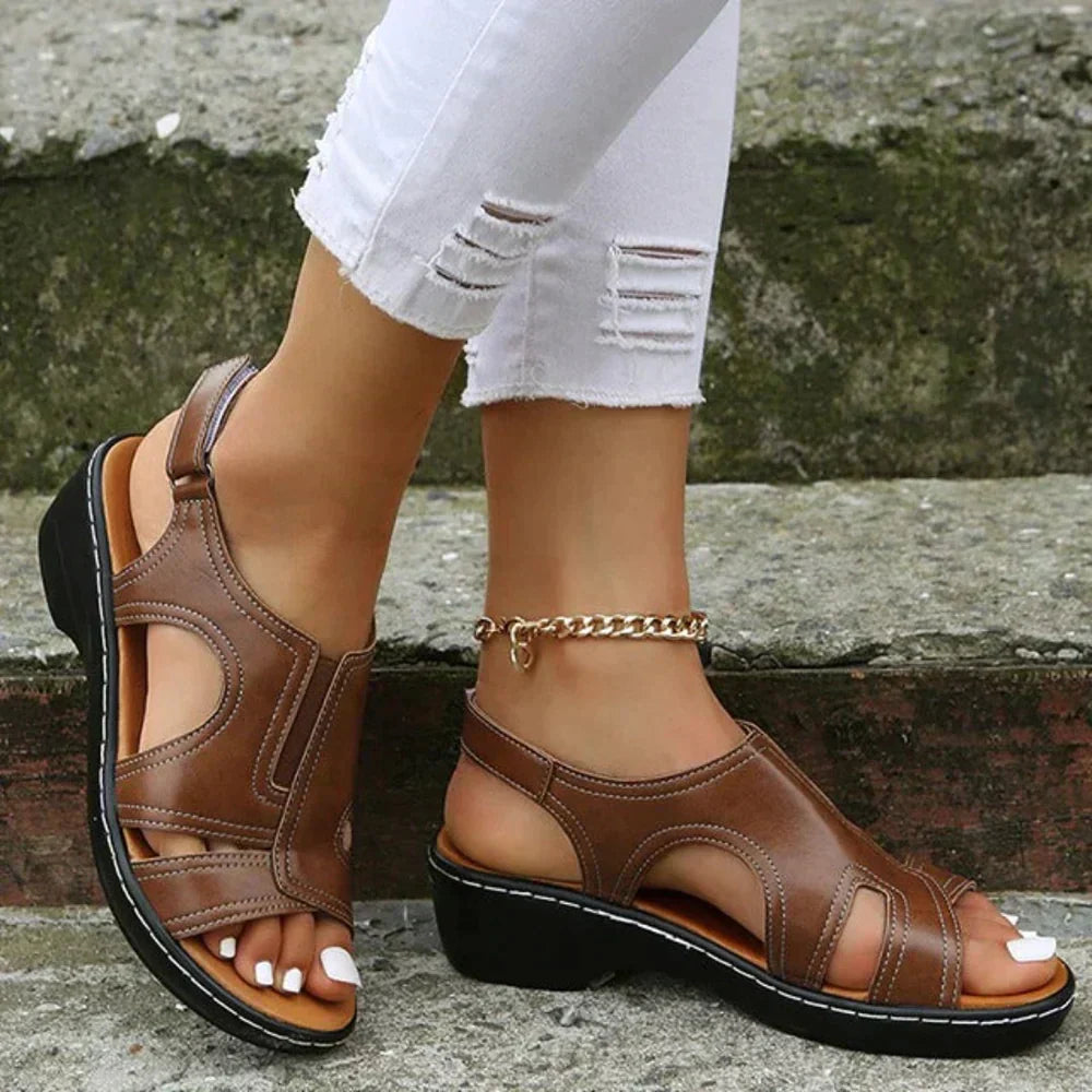 Brooklyn women's orthopedic leather sandals with cutout detailing and adjustable slingback strap in brown