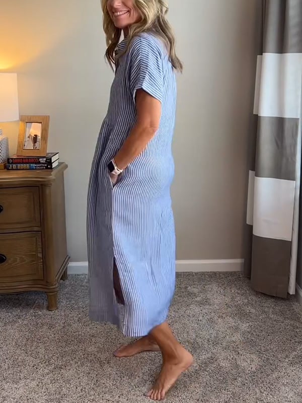 Full outfit view of striped button-up midi dress styled with accessories for casual daytime wear