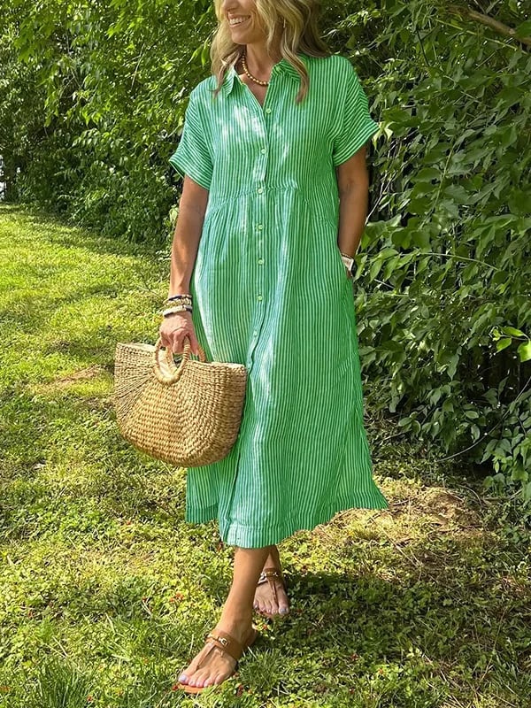 Detail of collared neckline and button placket on women's striped casual shirt dress