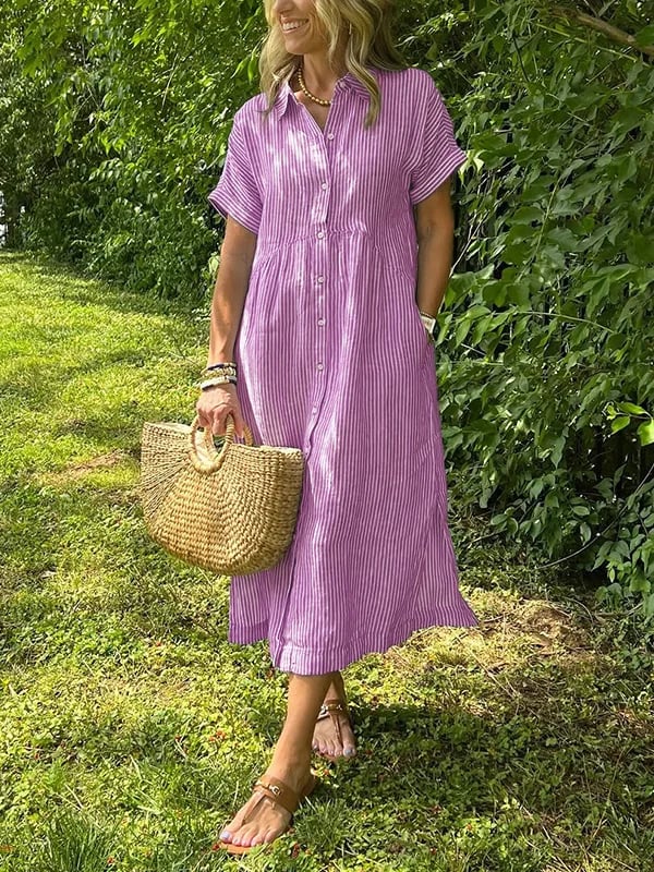 Back view of striped midi dress showing relaxed silhouette and short sleeve construction
