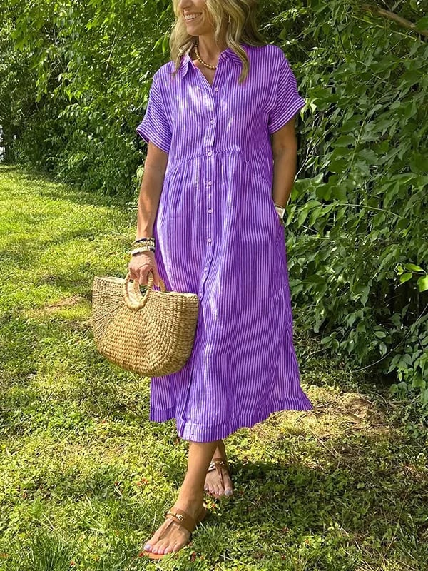 Woman styling striped button-up midi dress with woven basket bag for casual summer look