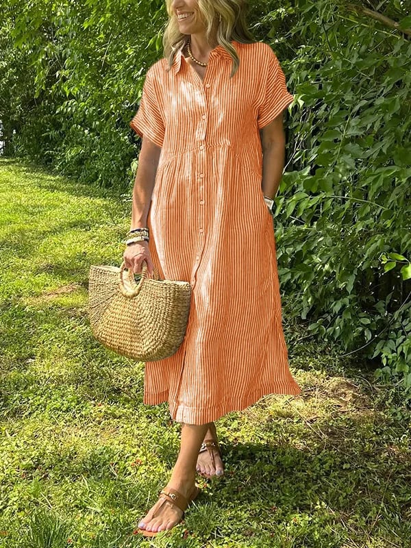 Flat lay of striped button-up midi dress showing full-length button closure and collar detail