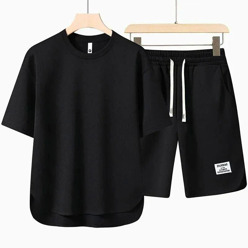 Two-piece men's casual set featuring short sleeve t-shirt and coordinating shorts