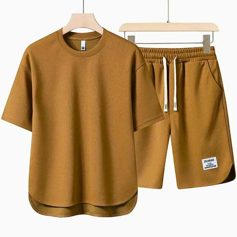 Casual matching set for men with crew neck tee and elastic waist shorts