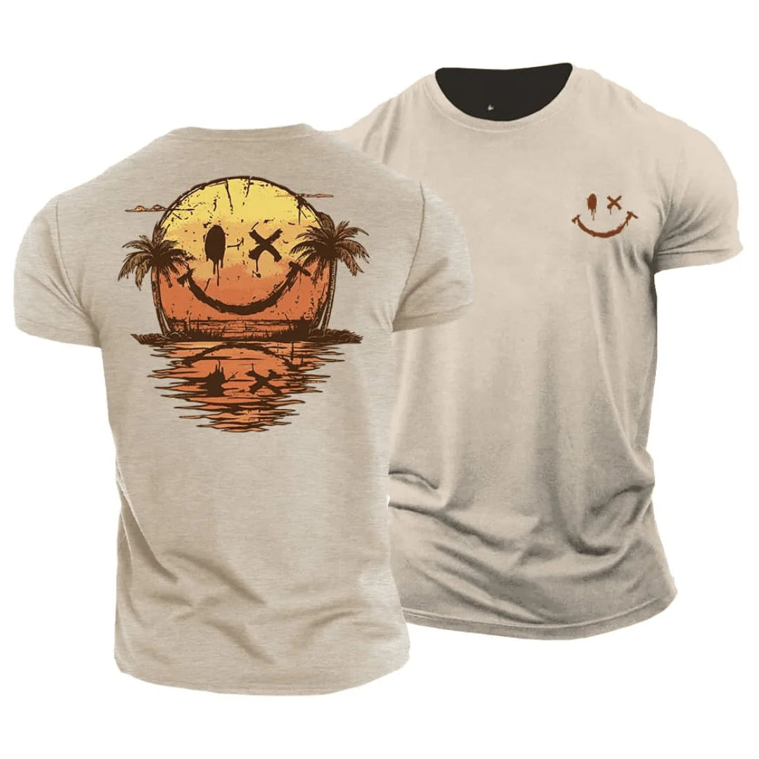 Men's graphic summer tshirt cotton in beige with sunset smiley and palm tree print on back and chest