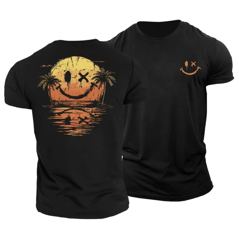 Back view of men's beach t-shirt showing large sunset smiley design with palm trees and ocean waves