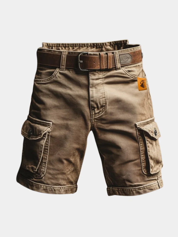 Men's cargo shorts in brown with side flap pockets, belt loops, and a zip fly closure for casual wear