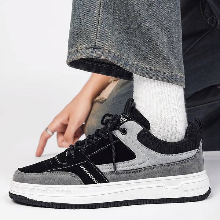 Men's retro sneakers showcasing colorblock design with beige, gray, and tan panels