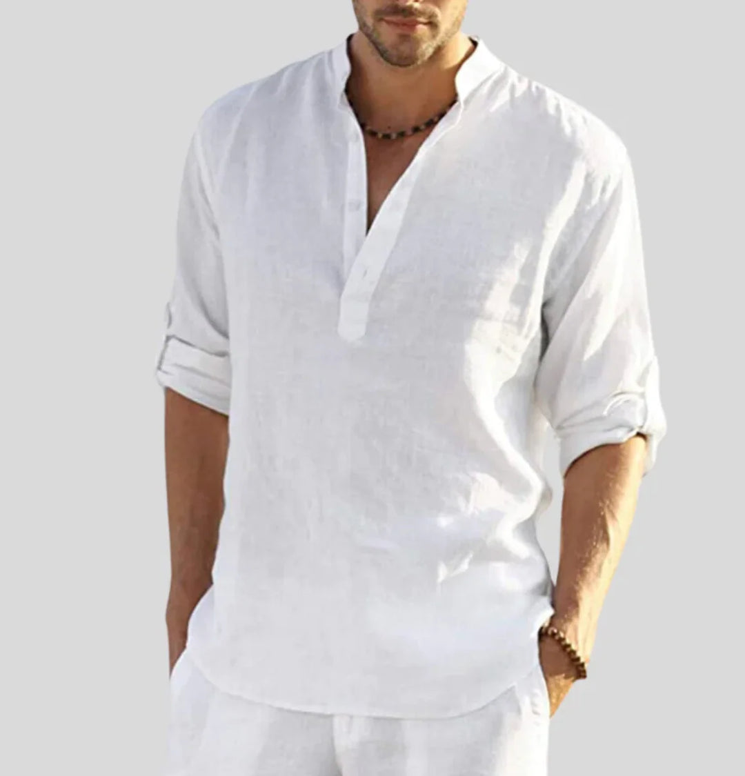 Men's relaxed shirt with open collar and band collar design in white lightweight woven fabric